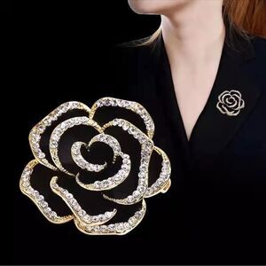 NEW Fashion Designer Inspired Black Camelia Rhinestone Brooch